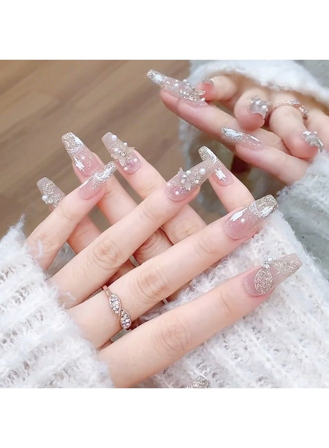 Instant Wear Luxury Press-on Nails – 24pcs Reusable Set –3D Butterfly & Pearls, Glossy Jelly Gradient Stick on False Nails – Salon Look at Home - Image 3